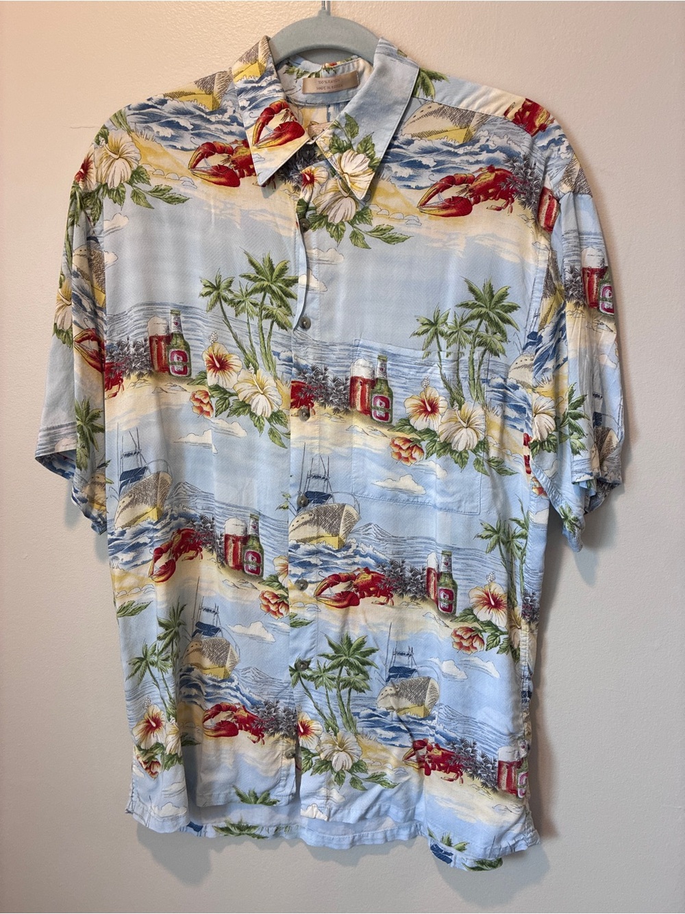 Light Blue Tropical Print Short-Sleeve Button-Down Shirt with Red Accents